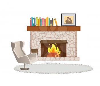 Fireplace with books and photo in frame interior vector. Chimney and burning logs, bucket for ash, armchair and carpet covering floor home decoration