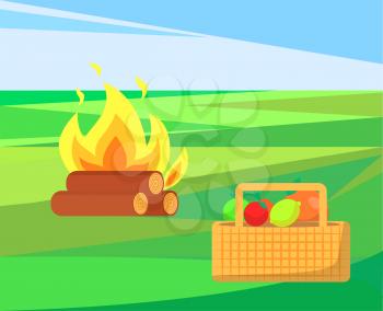 Bonfire with basket and apples, fruits and veggies vector. Container with vegetables, meal harvest of summer. Outdoor activities, camp and picnic