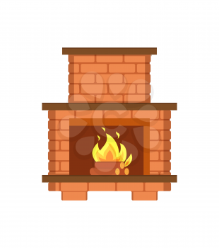 Fireplace paved with bricks shelf for items isolated icon vector. Redbrick construction, installed contemporary interior. Classical flames heating