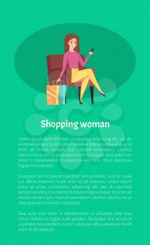 Shopping woman female shopaholic with mobile phone vector. Lady tired relaxing in cozy armchair, person with cell. Bags with purchased items poster
