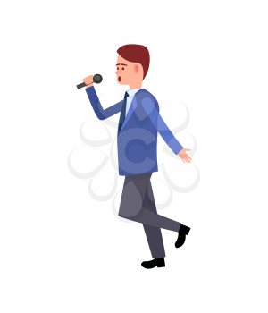 Music performer, male with mike dancing and gesturing vector. Solo karaoke sound, movements of artistic person, character wearing suit, walking around
