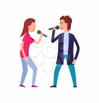 Woman and man singing and holding microphone, isolated karaoke singers. Concert and sound of music, performance and performers girl and boy musicians vector