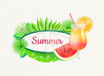 Summer banner with frame for text, green palm tree leaves and refreshing cocktail. Slice of watermelon, drink with straw vector illustration isolated