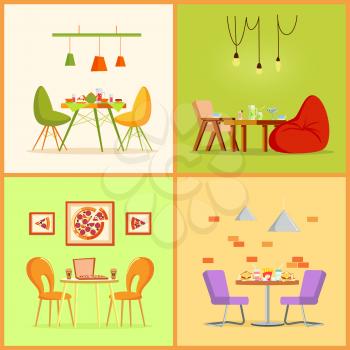 Table and chairs in flat with pizza, burgers and french fries, tea and cocktails. Glass and ceramic dishes on board, hanging lamps, place for eating vector