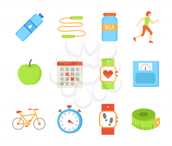 Bottle with still water isolated icons set vector. Jumping rope and running woman, wristband pulse and steps. Bicycle and timer clock, ripe apple