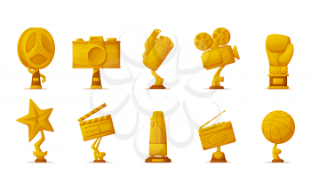 Music and sport, gold prize trophies for cinema vector. Film reel and photo or video camera, star and radio, boxer glove and basketball, metronome shapes