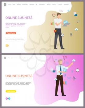 Online business working people, global network vector. Icons of money exchange and data, charts and information in visual representation, computer pc. Website or webpage template landing page in flat