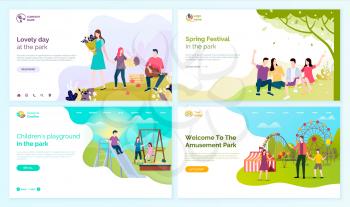 Lovely day at park, spring festival, children playground and welcome to amusement festival vector cartoon people web pages, entertainment outdoors. Website or webpage template landing page in flat