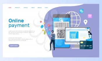 Online payment web page, computer and smartphone vector. Internet shopping at app or website, credit card and barcode, customers and transactions
