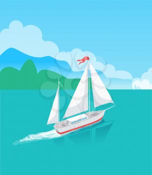 Ship or sailboat in ocean with trees on horizon. Marine vessel sailing in bay and leaving trace on water surface, tropical lagoon vector illustration.