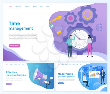Time management, marketing or business development vector. Modernizing and effective strategies, businessman and businesswoman, modern technologies. Website or webpage template landing page in flat