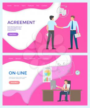 Online business man working in office, agreement of partners vector. Deal of businessman holding contracts. Male at workplace by table with laptop. Website or webpage template landing page in flat