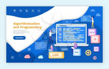 Algorithmization and programming, people developing web services vector. Js and html , css and php computer languages, programmers with laptop screen. Website or webpage template landing page in flat