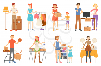 Garage sale and second hand staff, selling goods vector. Yard sale of furniture and clothes, technology and sport items, music discs and kitchenware isolated characters