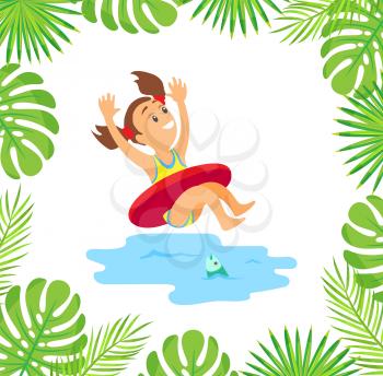 Kid having fun on summer vacation vector, child wearing lifebuoy and going down water splashes. Monstera and palm tree leaves foliage decoration frame