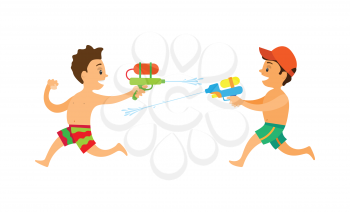 Friends playing water game, characters running and shooting squirt gun, side view of teenagers in shorts, songkran festive or summer activity vector