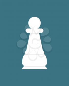 Chess piece pawn, white figure isolated on blue. Vector checkmate item, chessboard game element in flat design cartoon style. Strategic sportive play