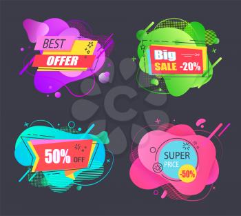 Big super price sell promotional vector set, emblems in shape of liquid drops, tags with fifty or twenty percent off, discount offer stickers isolated