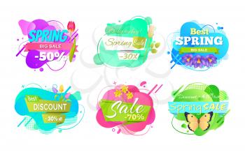 Spring sale, best discount label decorated by butterfly with tulip, rose and violet, bright color of geometric liquid promo, season offer decoration vector