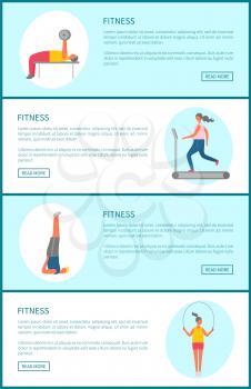 Sport training, fitness tips web site pages vector. Weight lifting and running on treadmill, aerobics and jumping rope exercises, men and women working out