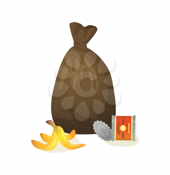 bag with garbage vector, isolated icon in flat style, banana skin and jar made of metal material, conservation of planet, environmental problems issues. Concept for Earth day