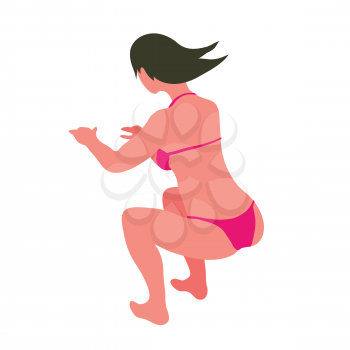 Woman in swimsuit doing squats isolated vector cartoon character. Lady in good fit does physical exercises to be slim. Fitness for young girl, sport activities