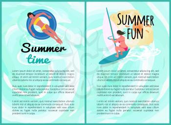 Summer fun people on vacation vector, set of posters with text. Windsurfing woman and lady laying on lifebuoy, relaxation summertime holidays seaside