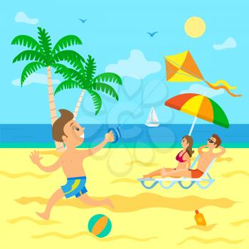 Family on summer vacations vector, kid running on beach holding wind kite in hand. Couple laying in sun sunbathing, umbrella making shade for people