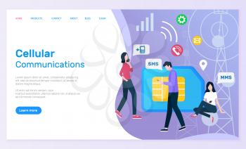 Cellular communication vector, man and woman using phones to chat and speak, people with smartphones sim card and call sign icons of wifi. Website or webpage template, landing page flat style
