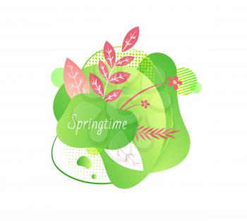 Springtime vector, isolated banner with greenery and spring branches variety of plants and vegetation, biodiversity on abstract design flat style