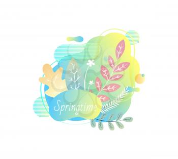 Springtime vector, foliage and flora of spring vegetation and plants, isolated banner with abstract design and inscription, template with floral decor
