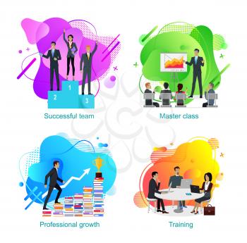 Personal growth and master class vector, business meeting of people dealing with project issue. Man walking up on books development and achievement