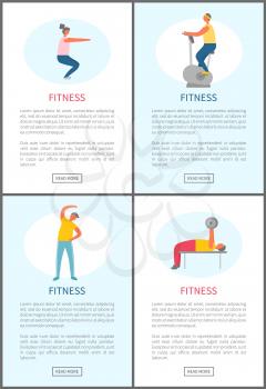 Sport and physical activity, fitness trainings vector. Squats and exercise bike, bending over and weight lifting, men and women working out at gym