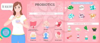 Probiotics poster vector, special food and ingredients tempeh and bow, kombucha and kimchi, kefir and yogurt, multicolor probiotic icons, pickles and miso for weight loss immunity