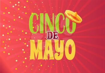 Cinco de Mayo Mexican holiday vector invitation poster. Sombrero traditional hat, headwear ethnic clothes. Mariachi celebration of 5th of May, red card