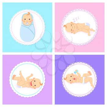 Baby milestones from 1 to 6 months greeting cards. Vector swaddled child, sleeping in diaper, lying on back and playing, drinking milk from bottle