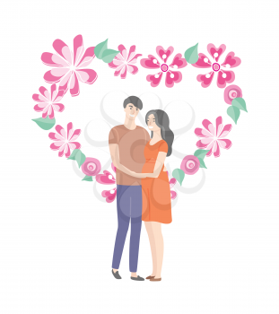 Heart banner of spring flowers and students in love, male and female isolated cartoon characters. Vector guy and brunette girl in red dress, teenage people