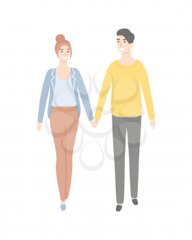 People man and woman walking and holding hands isolated cartoon style male and female. Vector smiling pretty girl, dating couple, husband and wife