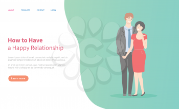 How to build happy relationships, adult couple, man in suit and oman in red dress cartoon characters. Vector husband and wife family. Website or webpage template, landing page flat style
