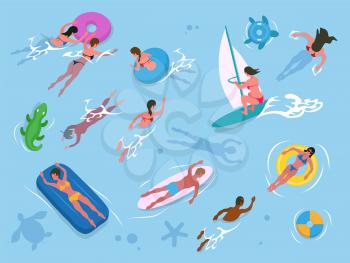 People swimming in water, wearing swimwear. Female and male lying on mattress or rubber circle, surfboarding and windsurfing activity in sea vector