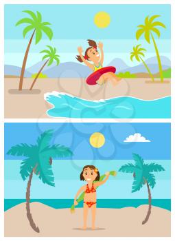 Children at beach vector, seaside activities and summertime happiness of kids. Girl by coast in lifebuoy jumping in sea water, kiddo with towel wiping