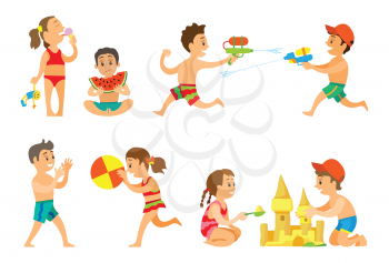 Kids playing in summer vacations vector, girl eating ice cream dessert, children playing volleyball and building castle from sand. Water battle guns
