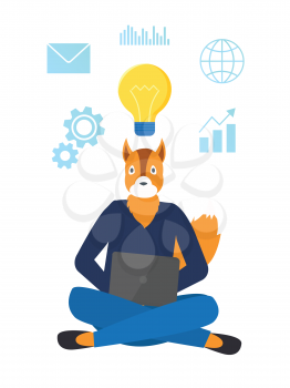 Lightbulb idea vector, freelancer using laptop hipster animal working on computer typing info. Message envelope and globe icon, cogwheel and infochart