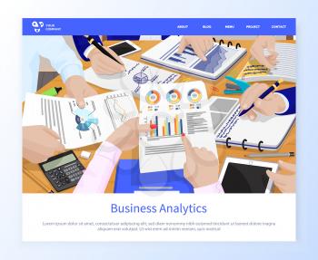 Conference of people vector, business analytics discussion, page with information and infographics, pie diagrams calculators. Charts inforcharts, website or webpage template, landing page flat style