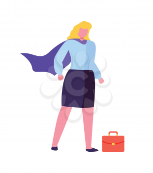 Woman in super hero coat with red briefcase isolated cartoon character. Vector businesswoman, leader ready to solve tasks, confident blonde lady in skirt