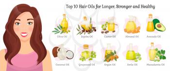 Top ten oils vector advertisement for longer, stronger and healthy hair. Vector olive and jojoba, castor and almond, illustrations of oil for hair, avocado and coconut, grapeseed, argan, amla