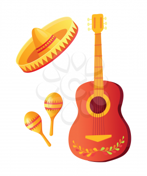 Cinco de mayo vector, isolated icons of celebration elements, sombrero hat with ornaments. Acoustic guitar instrument with flora, maracas latin culture