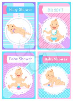Newborn child vector, funny baby playing with toys made of plastic, flat style. Kid eating meal and smiling, character wearing diaper and bib on neck