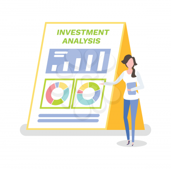 Investment analysis vector, person working on collecting results and information on advantages of investors. Woman presenting business concept idea