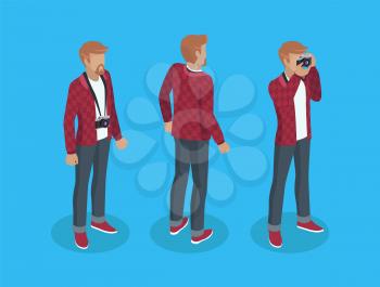 Cameramen builder set of icons with man holding camera and taking pictures. Professional operator wearing red jacket photo reporter isolated on vector